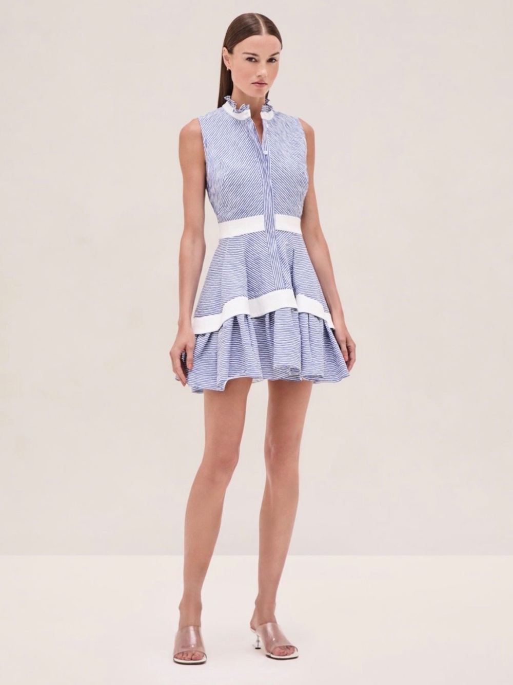 Alexis Natacha Blue & White Striped Seersucker Ruffle Collar Mini Dress L
